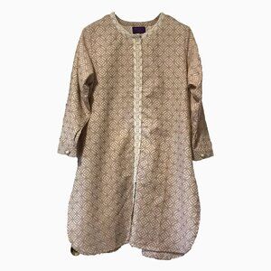 NEW Sana Safinaz Geometric Print Embroidered Tunic Lace accents Pearl buttons L